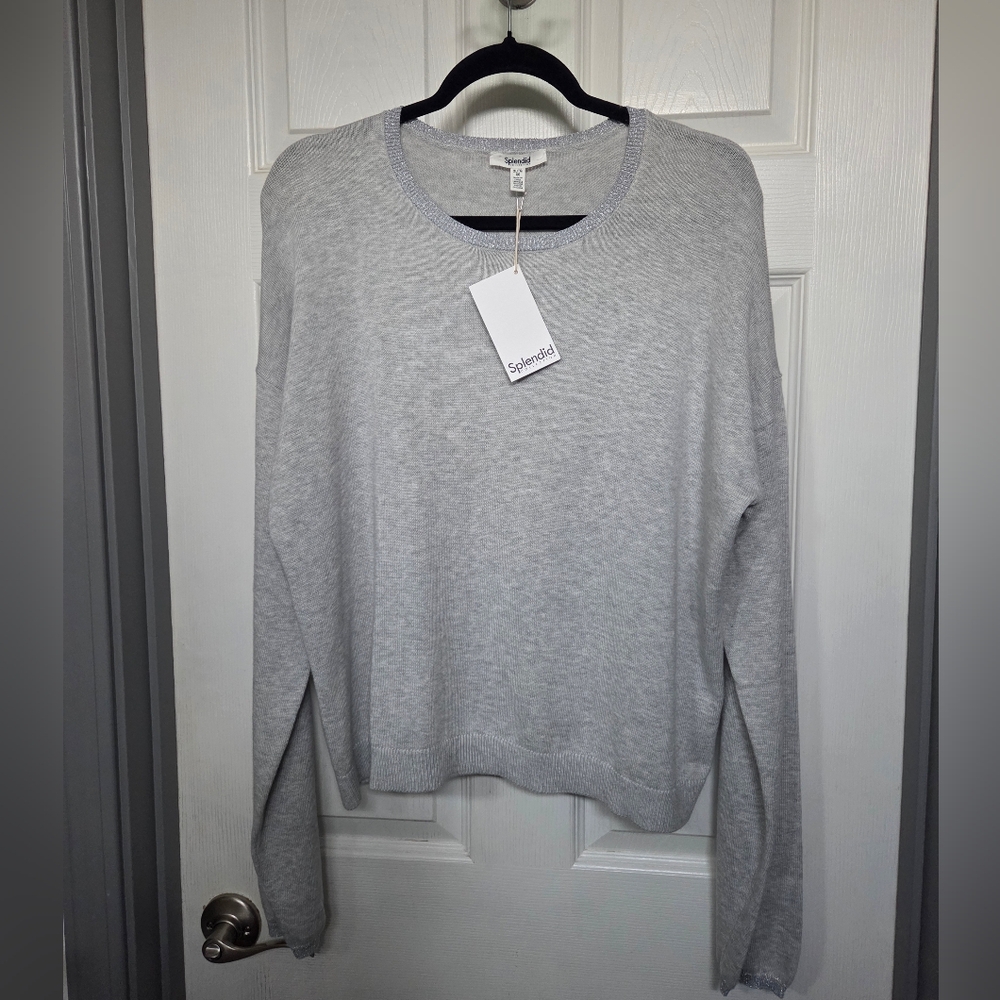 Splendid Gray Crew Neck Sweater With Silver Glitter Detail Cotton Silk Size XL